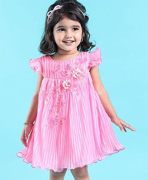 Babyhug Flutter Sleeves Pleated A Line Party Frock With Floral Embroidery- Pink