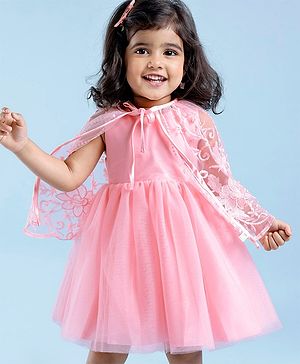Babyhug Woven Sleeveless Party Frock with Cape Floral Embroidery - Peach