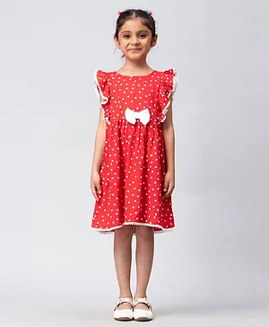 KASYA KIDS Frilled Sleeves Hearts Printed Bow Applique Dress - Red