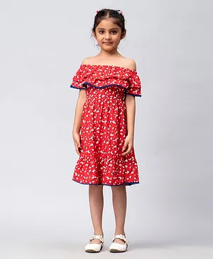 KASYA KIDS  Off Shoulder Frilled Sleeves Floral Printed Dress - Red