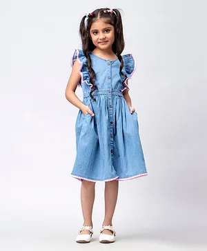 KASYA KIDS Frilled Sleeves Solid Stone Wash Denim With Contrast Lace Detailed Dress - Blue