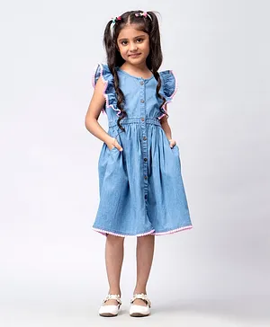 KASYA KIDS Frilled Sleeves Solid Stone Wash Denim With Contrast Lace Detailed Dress - Blue