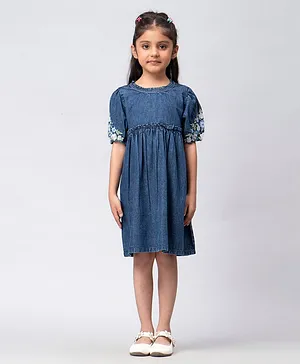 KASYA KIDS Half Sleeves Embroidered Stoned Washed Dress - Blue