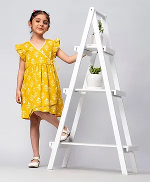 KASYA KIDS Frilled Sleeves Motif Printed Angarakha Style Dress - Yellow