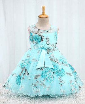 Babyhug Sleeveless  Organza Party Frock With Floral Print & Bow Applique- Grey