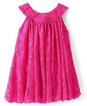 Babyhug Woven Sleeveless Party Frock with Lace Detailing - Fuchsia