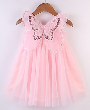 Babyhug Sleeveless Party Frock With Butterfly Wings Corsage & Sequine Detailing - Pink