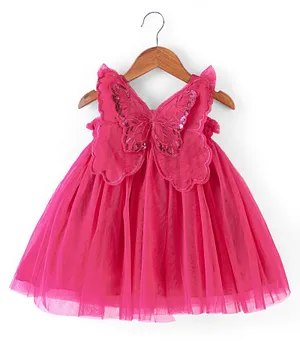 Babyhug Sleeveless Party Frock With Butterfly Wings Corsage & Sequine Detailing - Dark Pink