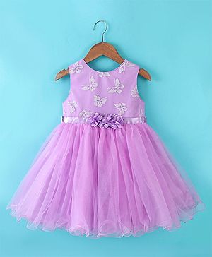 Babyhug Sleeveless Textured Yoke & Butterfly Detailing Party Frock - Lavender