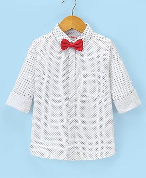 Babyhug Full Sleeves Party Wear Shirt with Bow Polka Dot Print - White