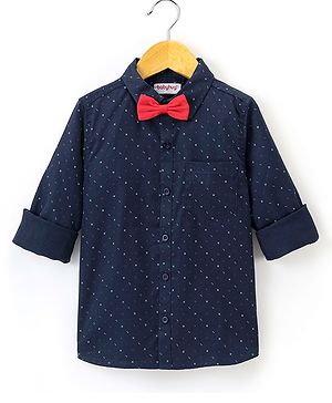 Babyhug Full Sleeves Party Wear Shirt with Bow Dash Design Print - Navy Blue