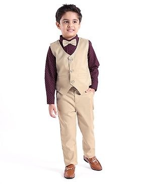 Babyhug Cotton Full Sleeves Party Wear Suit With Blazer Heart Print - Beige & Maroon