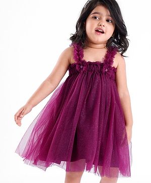 Babyhug Singlet Sleeves Mesh Detailing A-Line Glittery Party Frock - Purple