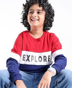 Pine Kids Cotton Knit Full Sleeves Biowashed Sweatshirt Explore Print - Red White & Blue