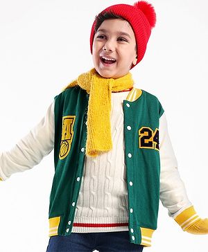 Pine Kids Cotton Knit Full Sleeves Text Applique Bomber Jacket - Green & White