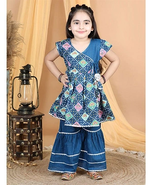 Kinder Kids Cap Sleeves Seamless Bandhej Blocks Detailed Printed Angrakha Style Kurta With Lurex Striped Gota Lace Embellished Sharara - Blue