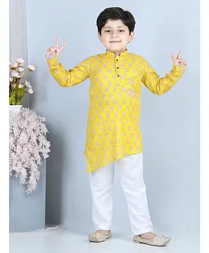 Kinder Kids Full Sleeves Seamless Jaipuri Flower Motif Printed Asymmetrical Hem Kurta With Pyjama - Yellow