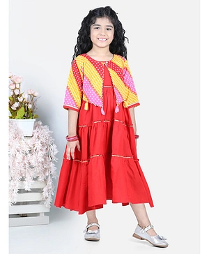 Kinder Kids Three Fourth Sleeves Bandhej Motif Detailed Jacket With Gota Lace Embellished Tiered Dress - Red