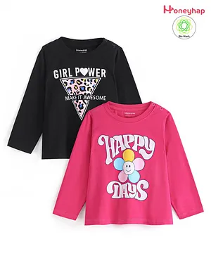 Honeyhap Premium Cotton Stretchable Text Printed Full Sleeves T-Shirts with Bio Finish Pack of 2 - Black & Rani Pink