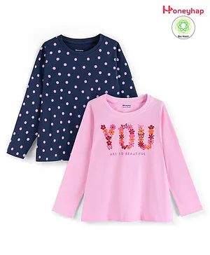 Honeyhap Premium 100% Cotton Full Sleeves T-Shirts With Bio Finish Dot & Text Print Pack of 2- Navy Peony & Rose Shadow