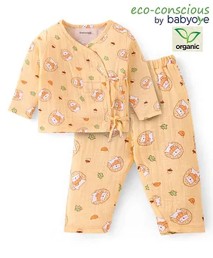 Babyoye 100% Organic Gauze With Eco-Jiva Finish Full Sleeves T-Shirt And Lounge Pant With Porcupine Print - Cream
