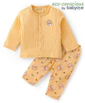 Babyoye 100% Organic Gauze With Eco Jiva Finish Full Sleeves T-Shirt & Lounge Pants With Teddy Embroidery & Print - Cream & Yellow