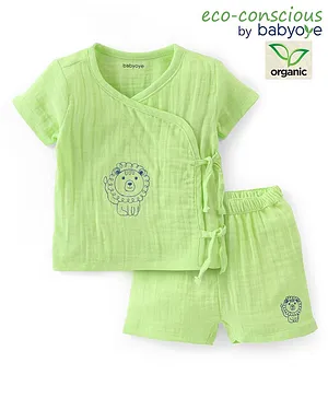 Babyoye 100% Organic Gauze With Eco Jiva Finish Half Sleeves T-Shirt And Shorts With Lion Embroidery- Green