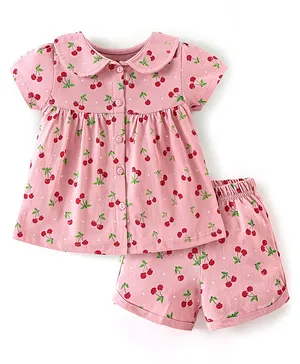 Babyhug Cotton Knit Half Sleeves Night Suit With Cherry Print - Pink