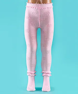 Mustang Cotton Full Length Footie Tights Floral Design - Pink