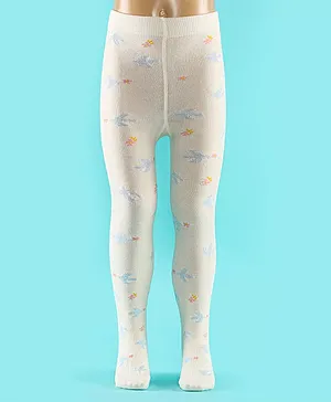 Mustang Cotton Full Length Footie Tights With Floral Print - Offwhite