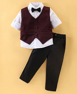 Mark & Mia Full Sleeves Party Suit With Waistcoat & Bow Solid- Maroon & Black