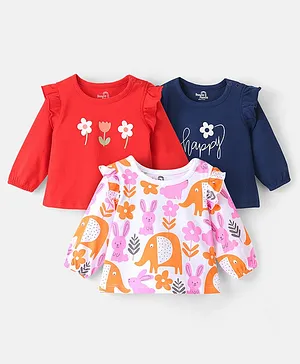 Doodle Poodle 100% Cotton Full Sleeves Floral Printed T-Shirts Pack of 3 - Red & Navy Blue