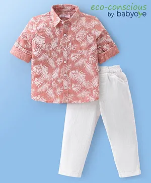 Babyoye 100% Cotton Woven Full Sleeves Shirt & Trouser Pant Leaf Print - Pink & White