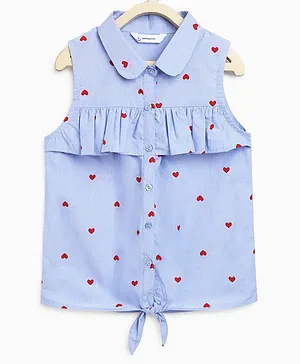 Campana 100% Cotton Sleeveless Heart Print Shirt Style Top - Blue