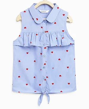 Campana 100% Cotton Sleeveless Heart Print Shirt Style Top - Blue