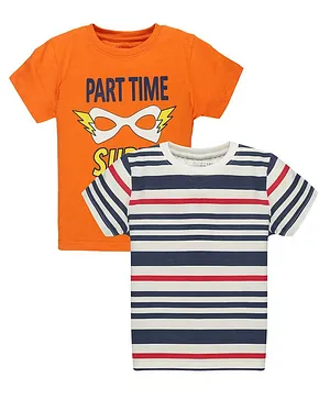 Plum Tree Pack Of 2 Half Sleeves Striped & Party Time Super Hero Printed Tees - Orange