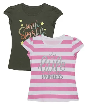 Plum Tree Pack Of 2 Short Sleeves Striped Smile Sparkle Shine Foil Printed Tees - Olive Green White