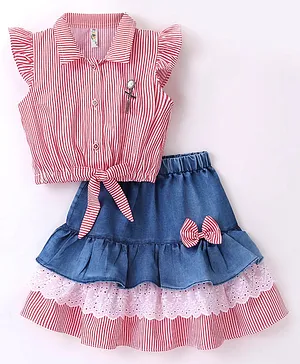 Enfance Cap Sleeves Pencil Striped & Bow Applique Frilled Skirt With Top - Red