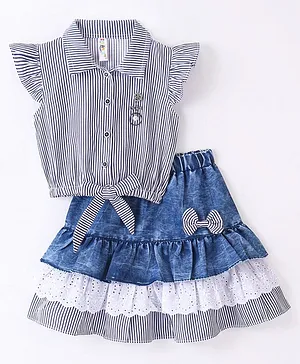Enfance Cap Sleeves Pencil Striped & Bow Applique Frilled Skirt With Top - Black