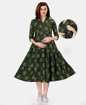 Mamma's Maternity Three Fourth Sleeves Abstract Block & Floral Motif Printed Rayon Maternity Dress - Green