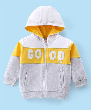 Babyhug Full Sleeves Cut & Sew Sweatjacket with Hood & Graphic Print - Ecru Melange