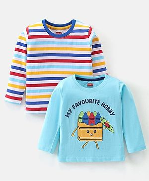 Babyhug Cotton Full Sleeves T-Shirt Stripes & Crayons Print Pack of 2- Blue Red & Yellow