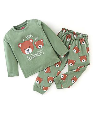 Babyhug Cotton Knit Full Sleeves Night Suit Bear Print - Green