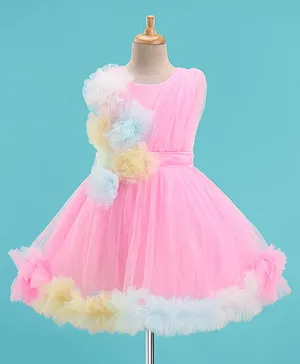 Bluebell Net Sleeveless Party Frock with Floral Applique - Pink