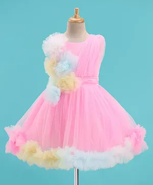 Bluebell Net Sleeveless Party Frock with Floral Applique - Pink