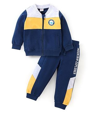 Babyhug Cotton Knit Full Sleeves T-Shirt & Lounge Pant Set Text Print - Blue Yellow & Grey