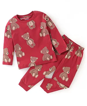 Babyhug Cotton Knit Full Sleeves Night Suit Bear Print - Red & Maroon