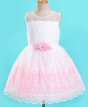 Bluebell Woven Sleeveless Party Dress with Floral Corsage & Lace Detailing - Pink