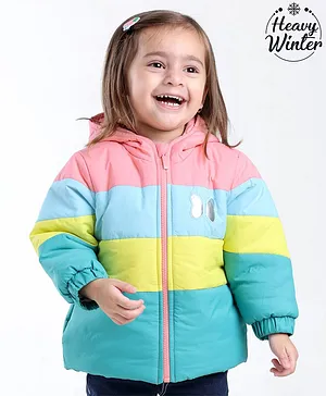 Babyoye Full Sleeves Solid Colour Block Hooded Jacket with Butterfly Design - Multicolour