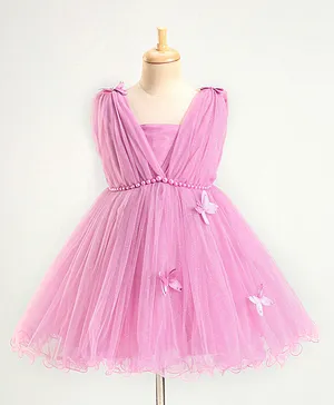 Bluebell Woven Net Sleeveless Party Frock with Butterfly Applique & Glitter Print - Onion Pink